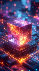 A glowing cube on a circuit board with colorful lights