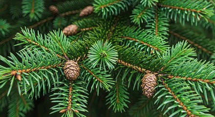 Close-up of pine tree branches with cones