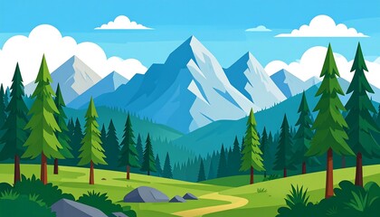Fototapeta premium Scenic Mountain Landscape with Evergreen Trees and Clear Sky.