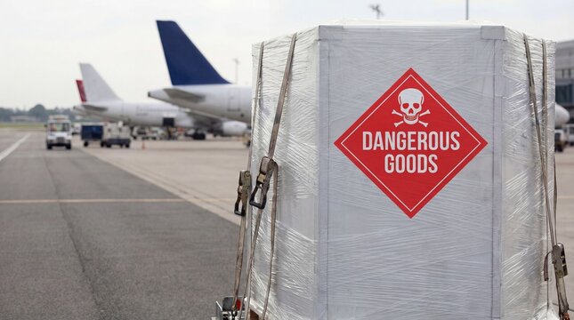 Dangerous goods air freight logistics and toxic chemical transportation compliance for aviation cargo handling through hazardous material safety regulations in airport operations