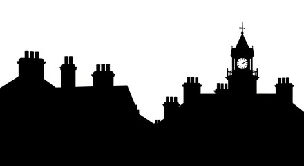 Silhouette of historic buildings with clock tower