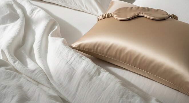 Luxurious golden silk pillowcase with an eye mask resting on crisp white bedding, embodying the ultimate Sleepmaxxing wellness concept for a peaceful night