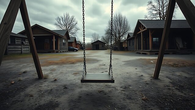 ppa. Empty playground swing moving in abandoned village under overcast sky. lifestyle magazines, social media lookbooks, designed for influencer and brand collaborations.