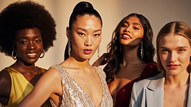Diverse Group of Women Posing in Fashionable Attire for an Elegant Studio Shot