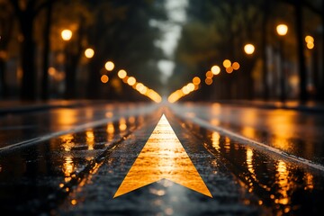 Wet road at night with street lights