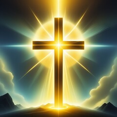 Radiant golden cross shining brightly over serene landscape, a symbol of hope, faith, and spiritual awakening, perfect for religious holidays and inspirational content