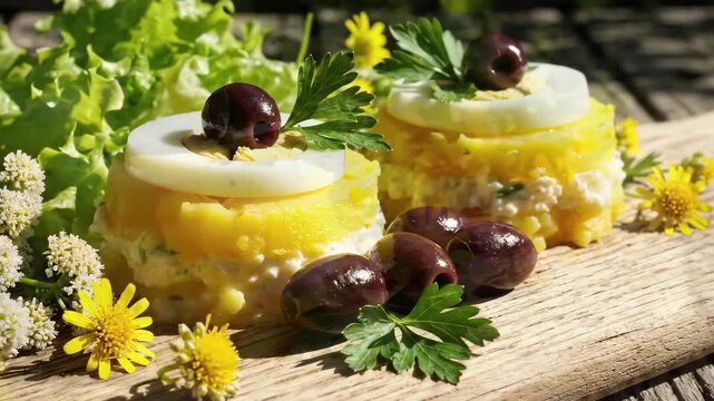 Causa rellena peruvian potato dish with olive and egg garnish