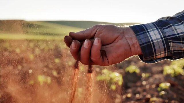 Farmers hand letting rich brown soil sift through fingers over field