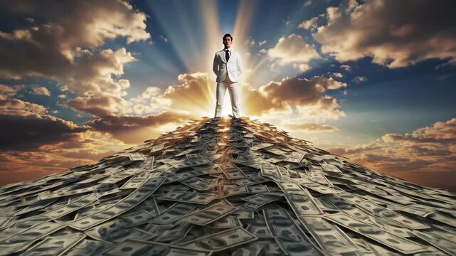 Businessman standing on a mountain of money under dramatic sunset sky