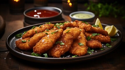Crispy fried chicken tenders with dipping sauces