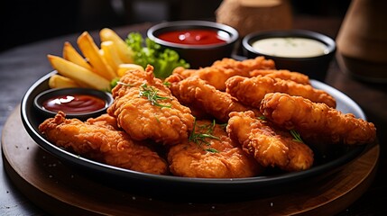 Crispy fried chicken tenders with dipping sauces