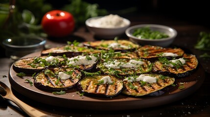 Grilled eggplant slices with herbs and cheese