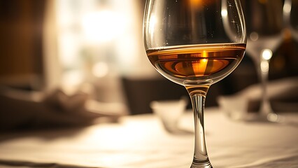 refractive. Crystal wine glass with golden liquid, backlight creating a refractive glow on textured cloth. bar promotions, beverage menus, designed for product packaging and bar promotions.