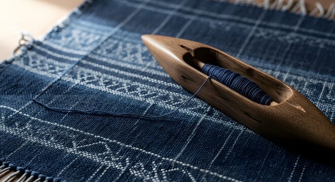 Close-up of a wooden shuttle on a blue handwoven textile with intricate patterns and fringe.
