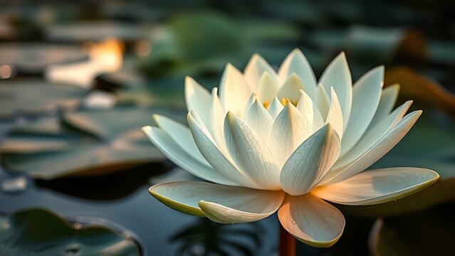 patera. Water lily petals unfolding at dawn with morning dew on serene pond. gardening catalogs, home-decor guides, designed for gardening and botanical catalogs, used by ngo communicators.