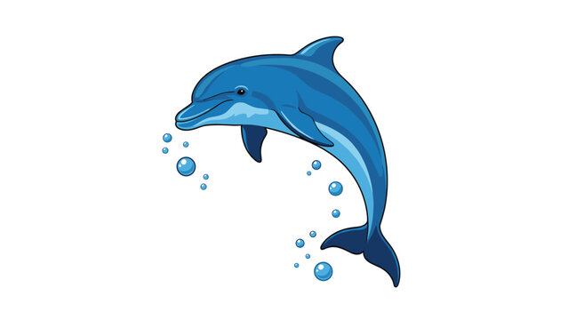 Playful blue dolphin leaps high out of the water surrounded by scattered bubbles on a clean white background.
