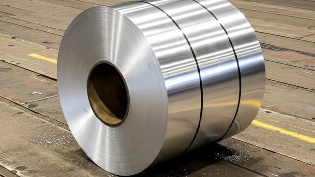 A massive, gleaming metallic coil, likely composed of robust steel or aluminum, rests securely on a textured wooden floor within an industrial setting. The highly reflective surface of the material sh