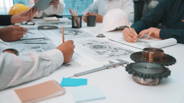 A diverse engineering team engages in collaboration, analyzing technical drawings and blueprints in a modern office setting, surrounded by tools and equipment. SACTR