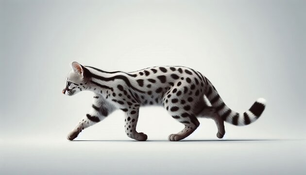 A spotted wildcat, or Genetta genetta, is walking from left to right against a white background.