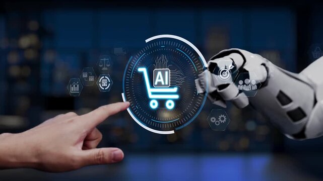 A visual representation of a human hand reaching towards a robotic arm, highlighting the synergy of AI and shopping in a modern retail setting. Synapse