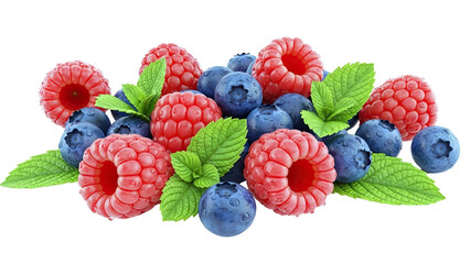 Fresh Raspberries, Blueberries, and Mint Leaves