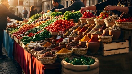 Traditional outdoor market with baskets of fresh vegetables and exotic spices