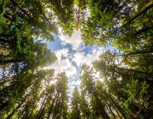 Obraz premium Skyward view through tall green trees in a forest, showing a blue sky with fluffy white clouds