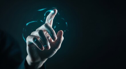 Human finger touching futuristic digital interface on dark background