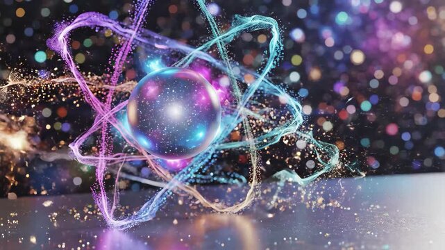 Abstract representation of an atom or quantum particle with glowing energy orbits and a galaxyfilled sphere