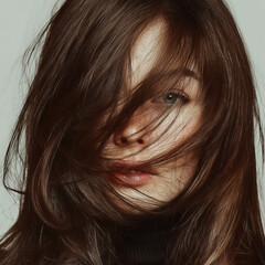 Emotional beauty portrait of woman with hair covering face studio closeup