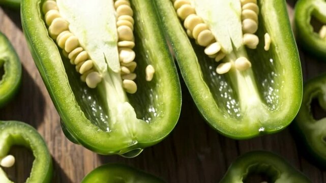 A mesmerizing macro close-up captures a vibrant green chili pepper, expertly sliced lengthwise in half, revealing its intricate internal structure. The pale, numerous seeds are perfectly arranged agai