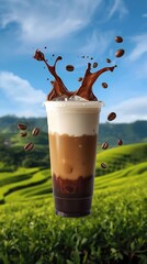 Generative AI Chocolate and Coffee Beverage Explosion with Landscape Background
