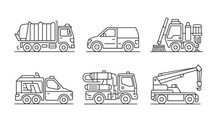Various Urban Vehicles: Six different types of urban service vehicles, including a garbage truck, a van, a street sweeper, an ambulance, a sewer cleaner and a crane truck, are represented in clean. © Abdul