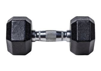 Black Hexagonal Dumbbell with Metal Handle, Gym Equipment, Isolated on Black Background
