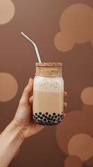 Generative AI Creates a Cozy Bubble Tea in a Glass Jar with a Straw