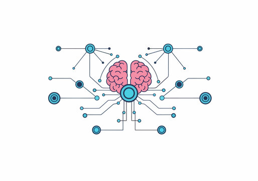 Abstract representation of a human brain connected with a network of circuits and nodes, symbolizing artificial intelligence and cognitive processes