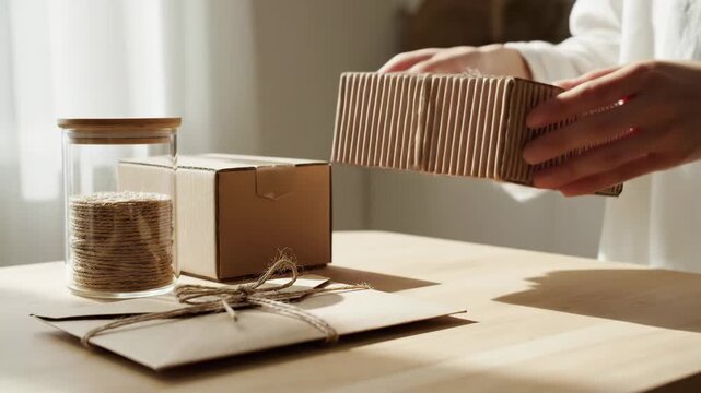 Hands preparing cardboard packages and twine for shipping or gifting on a wooden surface