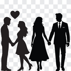 Romantic Couple Silhouette Holding Hands with Heart Icon Isolated on White