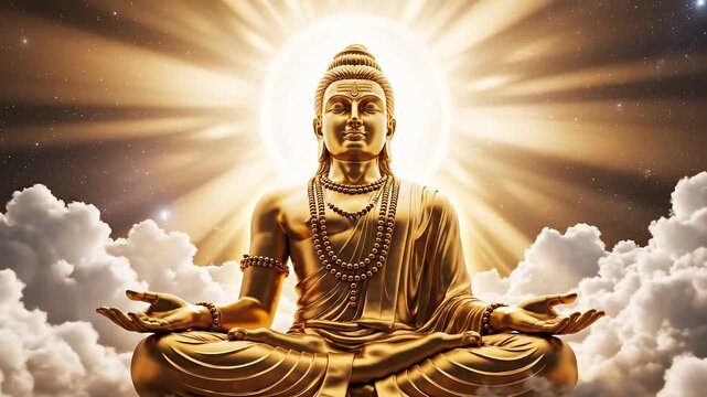 Golden statue of Mahavira seated in meditation amid glowing clouds and radiant halo. Divine figure symbolizing enlightenment for Mahavir Jayanti Jain festival celebration