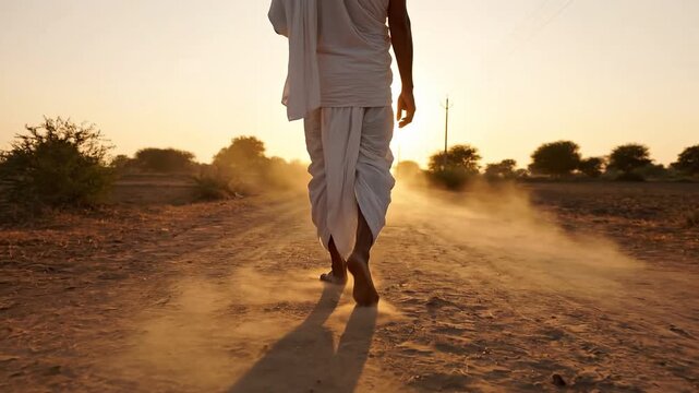 Man in white robes walks dusty rural path at sunset. Jain devotee on spiritual journey for Mahavir Jayanti. Cinematic wide angle view of peaceful pilgrimage in arid landscape