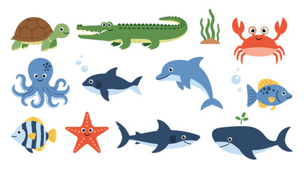 Naklejka premium Colorful set of aquatic animals featuring whales, octopuses, crabs, and fish creates a vibrant underwater scene for nature designs.