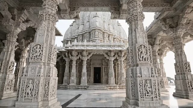 Ornate white marble Jain temple facade with intricate pillar carvings. Cinematic wide angle view of sacred architecture entrance. Mahavir Jayanti celebration site in India for spiritual devotion and