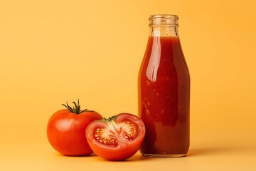 Generative AI Fresh Tomato Juice Bottle with Whole and Half Tomatoes.