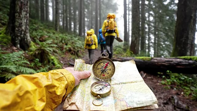 Hiker using a vintage compass and map to navigate a dense, foggy forest trail with companions ahead