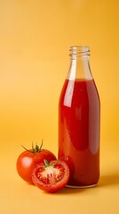 Generative AI Illustration of Tomato Juice in Glass Bottle with Fresh Tomatoes in Bright Yellow