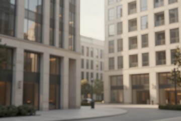 Obraz premium Modern city courtyard with glass office buildings, urban plaza architecture