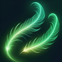 Ethereal glowing green feathers floating gently on dark backdrop, perfect for spiritual projects, creative designs, or magical themed advertising campaigns