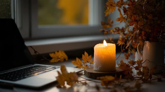 Autumn candle beside a laptop on a window sill, creating a cozy and inviting workspace atmosphere.