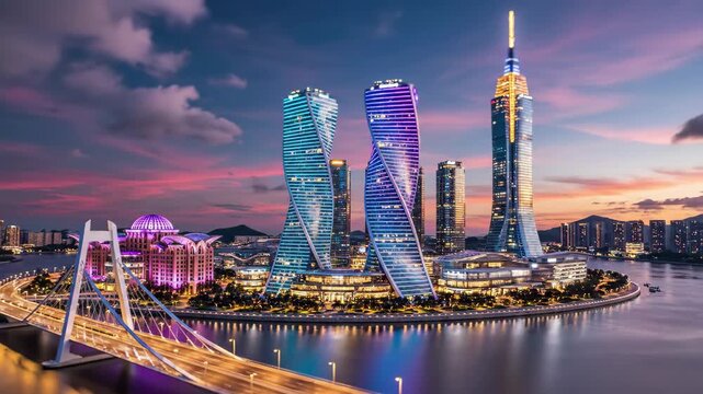 Modern city skyline at dusk with twisting skyscrapers, iconic tower, and illuminated bridge over water