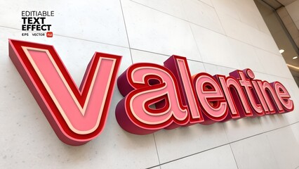 Large red 3d lettering spelling 'valentine' on white wall
